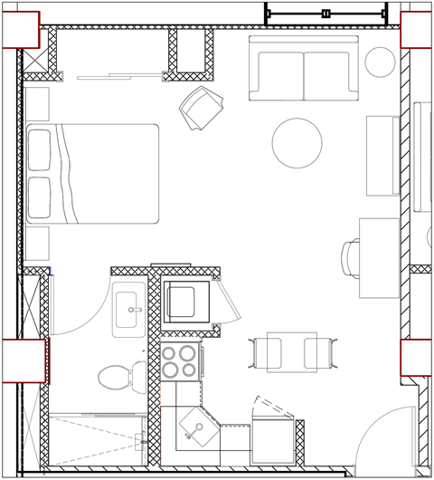 Floor plan for studio, 1 bath, 400 sqft